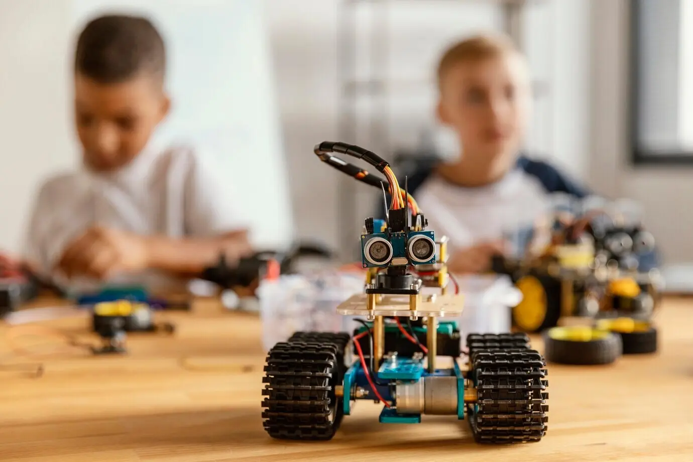 Kinder bauen einen Roboter.