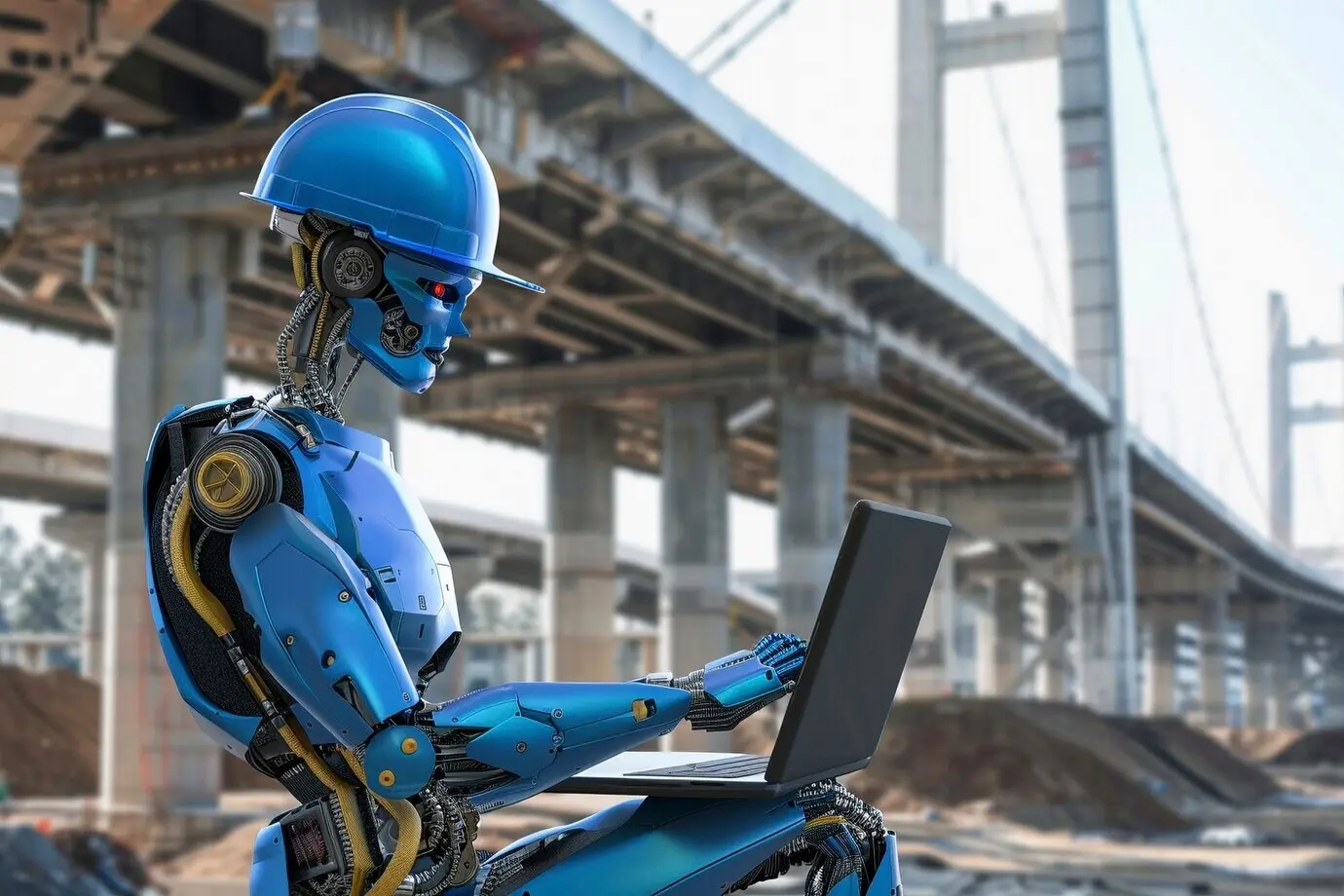 Futuristische Szene mit einem hochmodernen Roboter, der im Bauwesen eingesetzt wird.